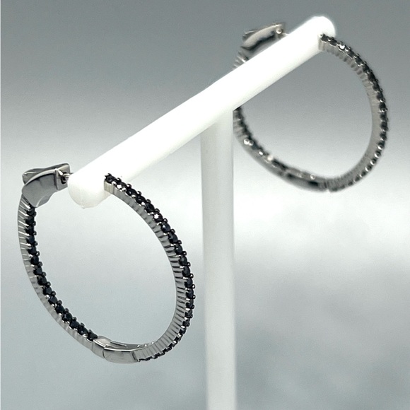Sterling Silver & Black Spinel Ladies Hoop Earrings - Picture 3 of 6